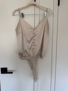 Lulu's Champagne Satin V-Neck Button Bodysuit